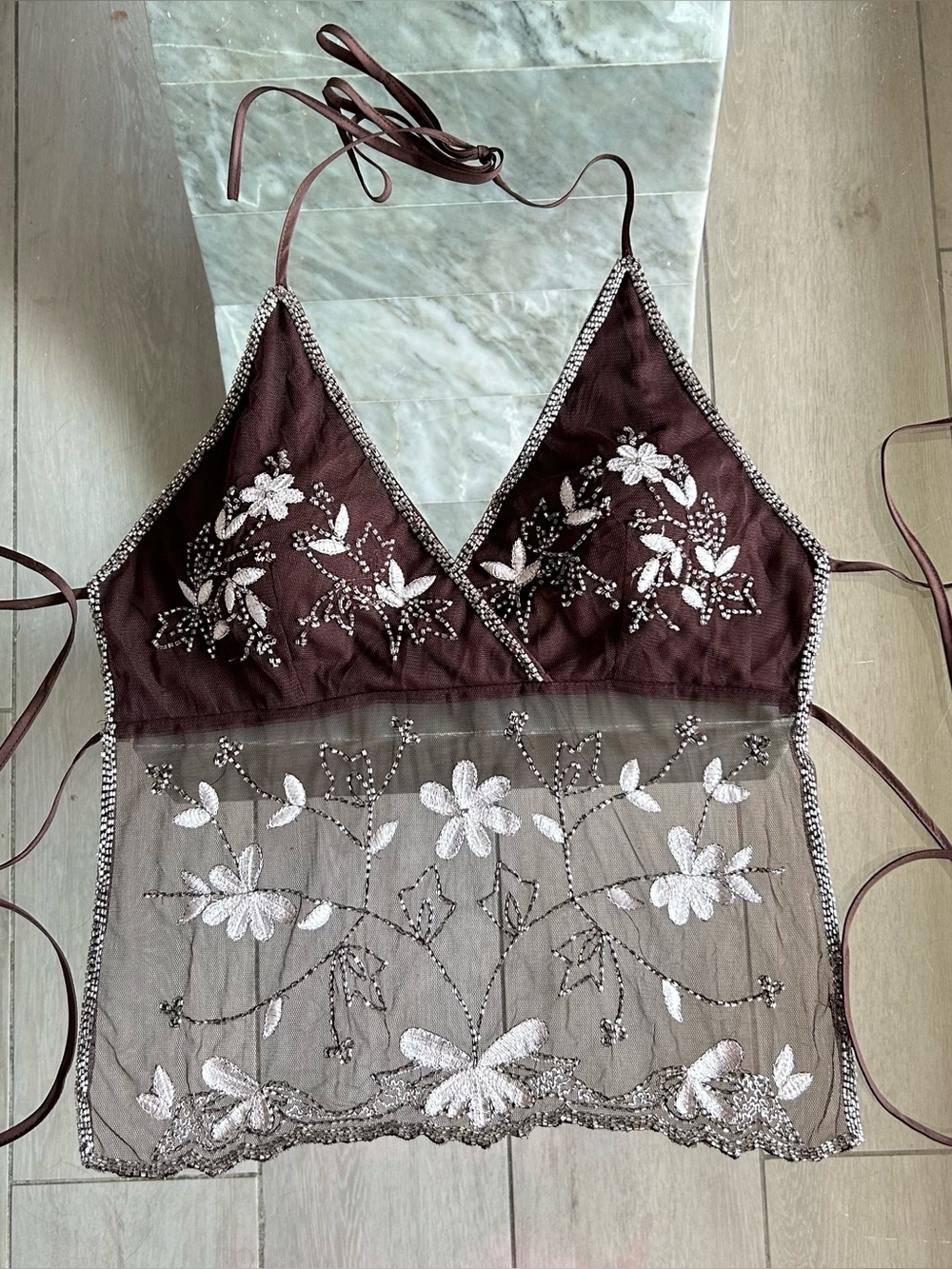 Lipstick y2k Brown & white floral beaded top size large